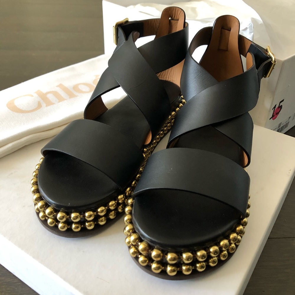 CHLOE Beaded Black Leather Sandals - NEW